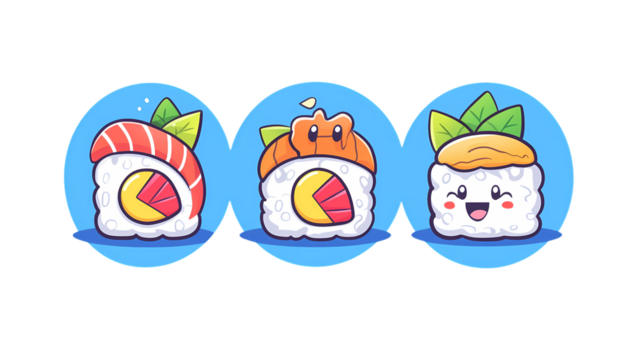 Cute Cartoon Sushi Characters with Colorful Backgrounds and Expressions
