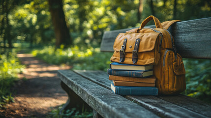 A backpack filled with books and stationery, resting on a park bench under the shade of a tree