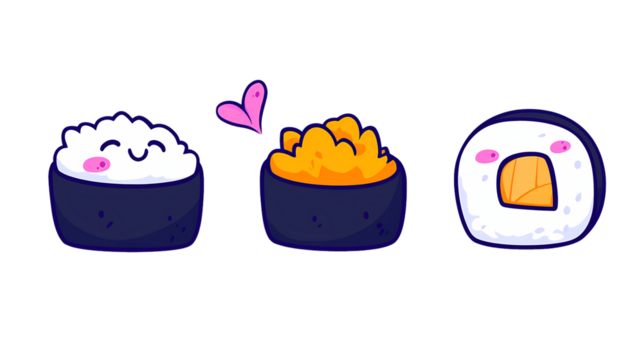 Cute Cartoon Sushi Characters with Colorful Details and Expressions