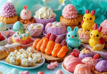 Colorful and Playful Dessert Table Featuring Cute Easter-Themed Treats, Adorable Animal Figures, and Assorted Sweets Perfect for Celebrations and Gatherings