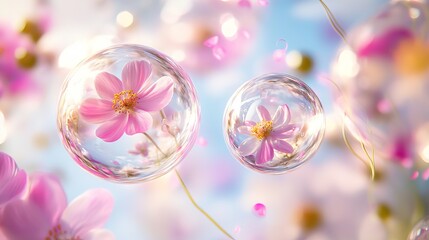 Bright pink flowers encapsulated in delicate bubbles float against a soft, colorful spring background