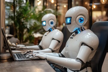 Obraz premium Robots working on laptops in a modern office setting during the daytime