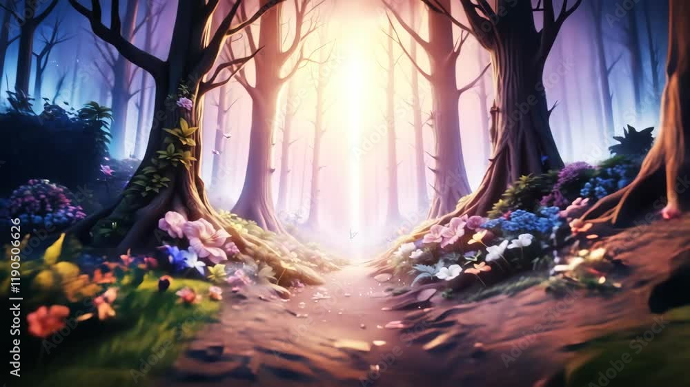 Wall mural A forest with a mountain in the background. The sky is blue and the sun is setting. The trees are tall and the flowers are colorful