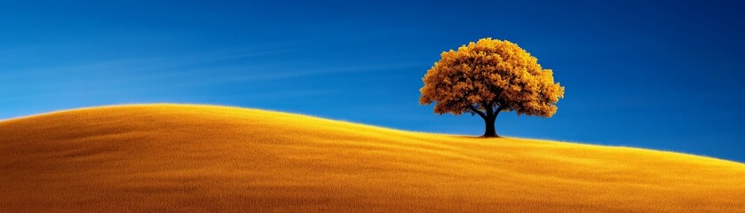 Solitary Tree on Golden Hill: A single tree with golden leaves stands majestically atop a rolling hill bathed in sunlight, against a vibrant blue sky.  The image evokes feelings of serenity, peace.