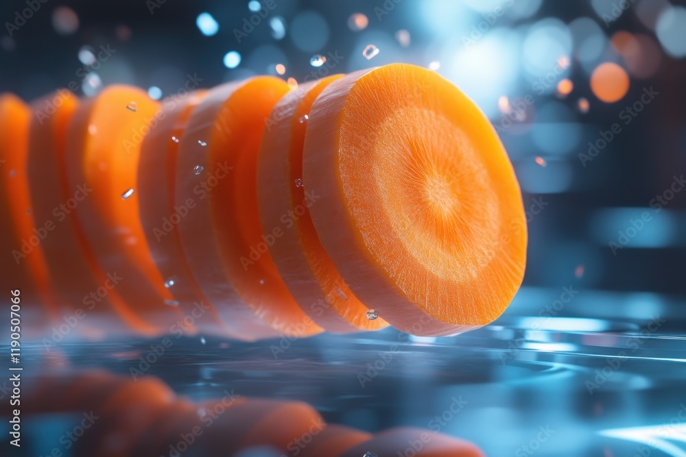 Poster Slices of fresh carrot create a colorful display in water droplets
