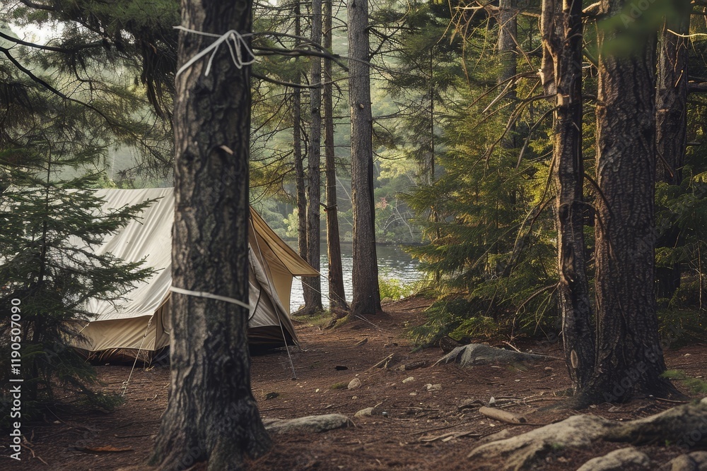 Poster a rustic canvas tent sits peacefully in a dense forest, with tall trees surrounding it and a lake vi