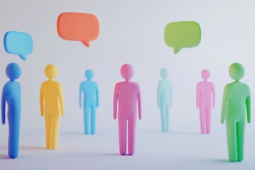 Colorful 3d human figures with speech bubbles on a white background  symbolizing communication