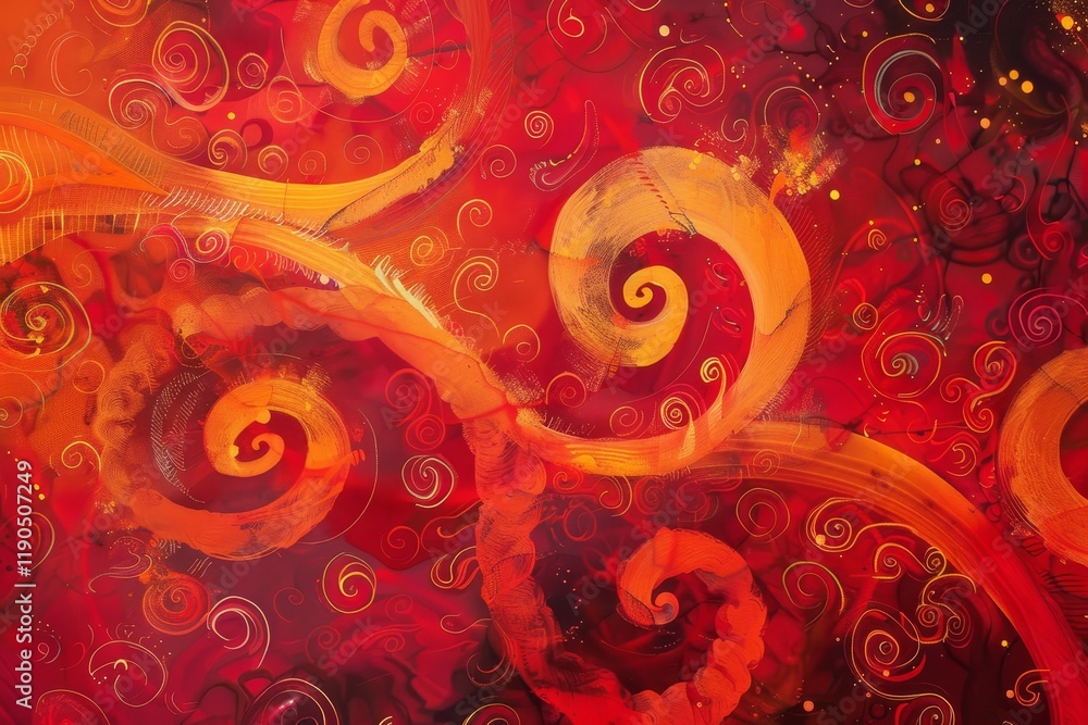 Poster a vibrant abstract painting with swirling patterns in red and orange hues, a vibrant red background 