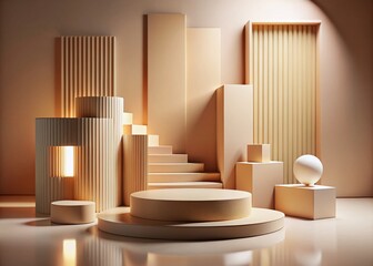 Obraz premium Beige Pastel Geometry Abstract Background 3D Render Modern Mockup Platform - Low Light Photography