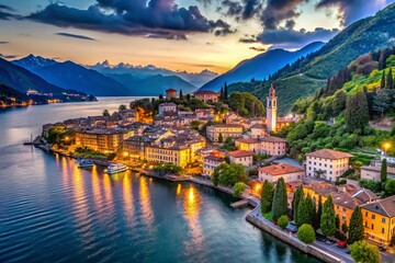 Bellagio, Lake Como, Italy: Dusk Aerial View - Charming Lakeside Town at Sunset