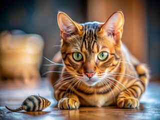Naklejka premium Bengal Cat Stalking Rat - Intense Wildlife Portrait