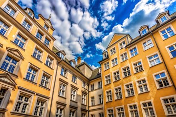 Fototapeta premium Berlin Courtyard Building, Beige and Blue Facade, Sunny Sky, Architectural Detail, Urban Scene