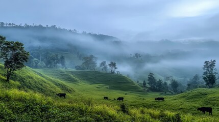Misty Mountain Valley with Lush Green Fields