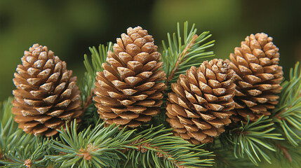 A close up showcases pinecones on a green pine branch