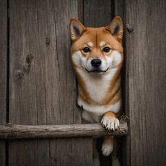A curious Shiba Inu peeking out from behind a wooden fence.