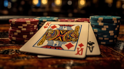 Fototapeta premium A deck of playing cards fanned out on a poker table with colorful chips scattered around