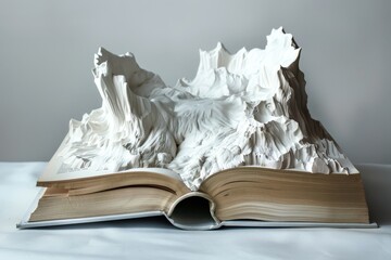 A white, sculpted mountain range emerges from the pages of an open book, creating a striking visual...