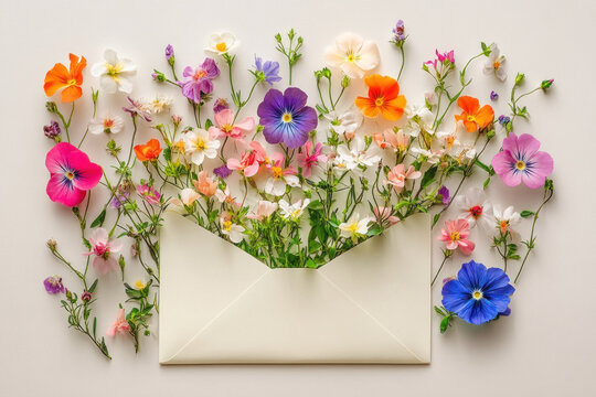 Envelope filled with colorful flowers on a wooden table.