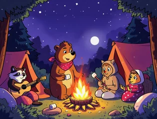 Poster A playful scene of animals camping together, with a bear roasting marshmallows