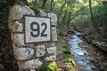 Stone marker number 92 beside a tranquil stream in a lush forest