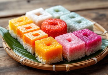 Colorful Assortment of Traditional Sweet Rice Cakes Displayed on a Bamboo Plate Garnished with Fresh Green Leaves Perfect for Food Photography and Culinary Arts