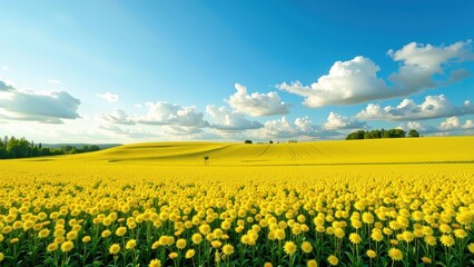 Fototapeta premium A vibrant, mid-sized field of golden sunflowers stretches across the landscape, basking under a clear sky. Each blossom stands tall and proud, creating a mesmerizing sea of yellow. Sunlight glints off