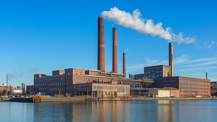 Obraz premium Large industrial smokestacks standing tall with smoke billowing out against a clear blue sky, symbolizing industrial progress. Ai generated