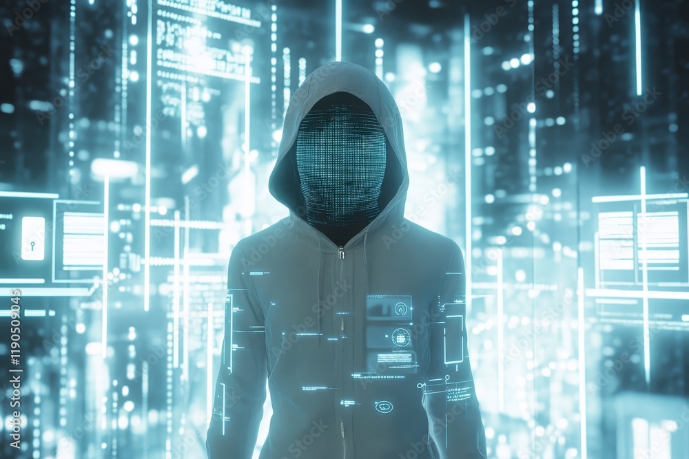 Poster mysterious hooded figure in high tech environment showcasing cybersecurity and digital elements