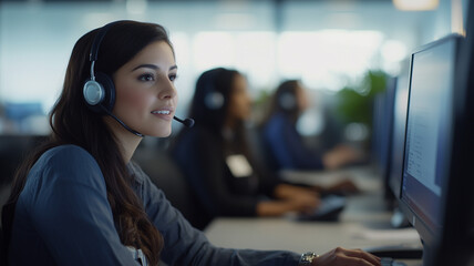 Photo of a customer service team working in a call center office, with the focus on a woman wearing a headset and using a computer to serve customers. Ai generated