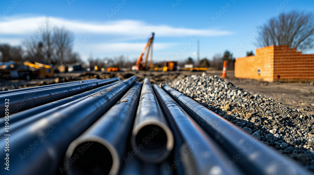 Poster an array of pristine pvc pipes is stacked uniformly on an outdoor site, surrounded by piles of grave