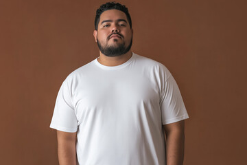 Obraz premium plus sized hispanic man in white t-shirt posing confidently against brown background
