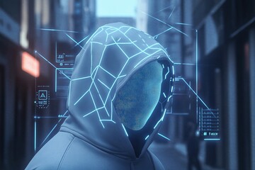 Futuristic cyber themed scene with hooded figure and holographic ui elements in neon blue lighting