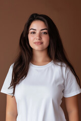 Fototapeta premium young woman in white tshirt with natural makeup smiling gently against neutral background