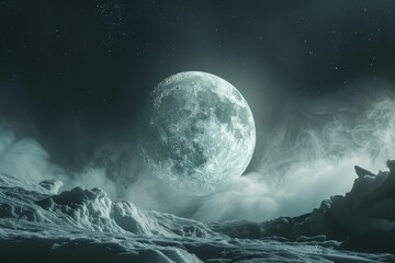 Fototapeta premium A large, full moon, resembling a topaz gemstone, illuminates a snowy, mountainous landscape under a starry sky, An otherworldly composition featuring the moon as the focal point