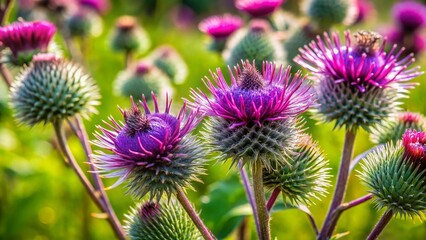 Blooming Greater Burdock (Arctium lappa) Flowers in Natural Habitat - Wildflower Stock Photo