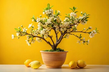 Blooming Meyer Lemon Tree: Spring Blossom, Thorns & Flowers on Yellow Background
