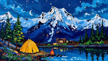 An illustration of a serene camping scene at night, featuring a yellow tent near a campfire.