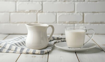 Fototapeta premium Milk in a glass jug on a white wooden table in the kitchen