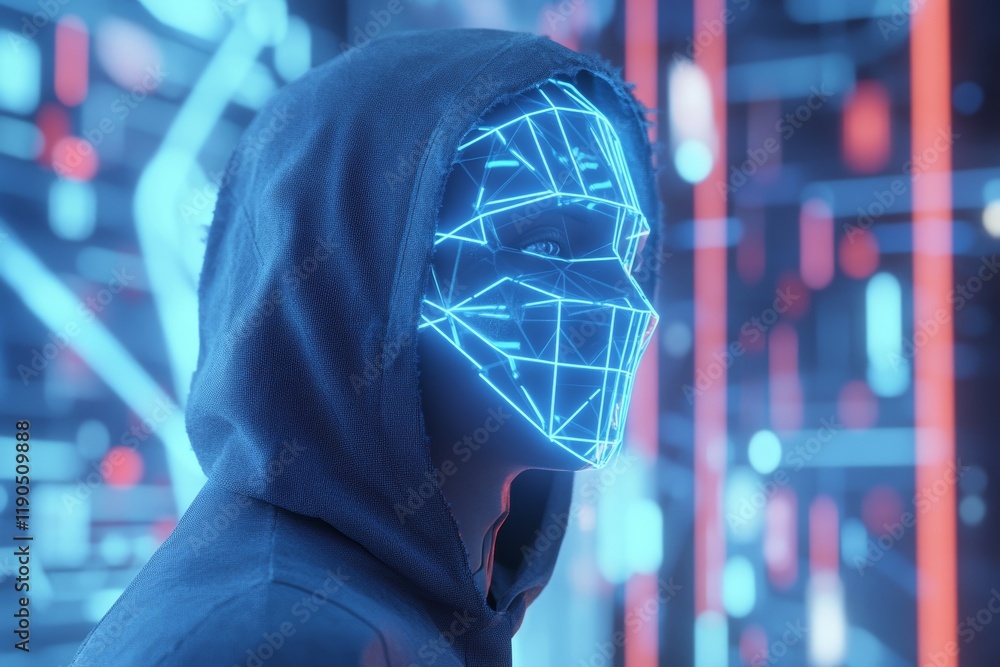 Poster cyberpunk scene featuring a hooded figure with glowing facial recognition and futuristic ui elements