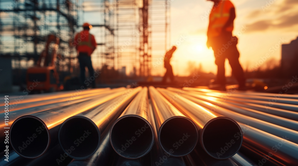 Poster a collection of pvc pipes rests on an open lot, their clean edges catching the sunlight, with worker