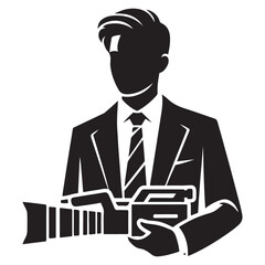 Journalist Silhouette Vector Illustration, Solid White Background.