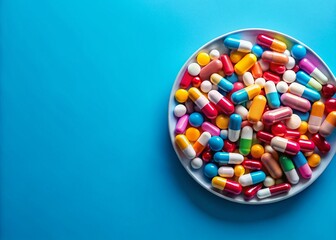 Blue Background Pill Plate Stock Photo: Medication, Healthcare, Pharmacy, Tablets, Medicine