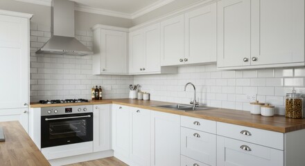 Modern white kitchen, subway tile backsplash, wooden countertops, stainless steel appliances, minimalist design, bright interior, clean aesthetic, open shelving, natural light, sleek hardware, farmhou