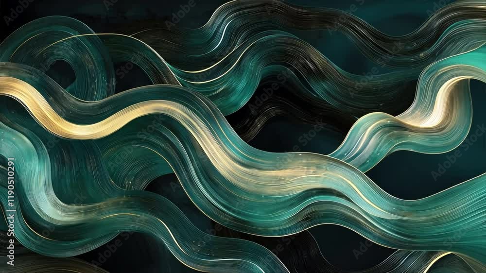 Poster mesmerizing digital artwork flowing abstract waves in teal and gold with fluid lines and patterns ev