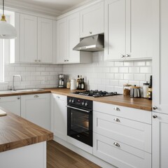 Modern white kitchen, subway tile backsplash, wooden countertops, stainless steel appliances, minimalist design, bright interior, clean aesthetic, open shelving, natural light, sleek hardware, farmhou