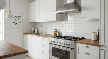 Fototapeta premium Modern white kitchen, subway tile backsplash, wooden countertops, stainless steel appliances, minimalist design, bright interior, clean aesthetic, open shelving, natural light, sleek hardware, farmhou