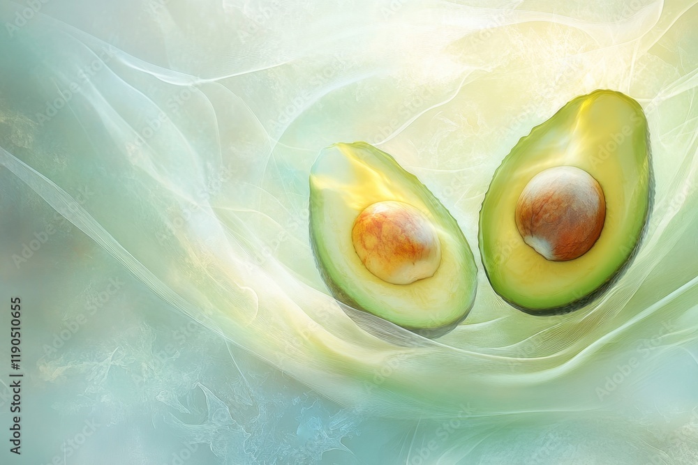 Poster freshly cut avocados displayed on a subtle background with soft textures