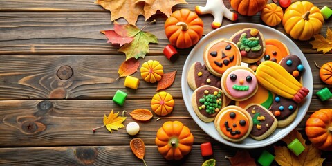 A plate of colorful Halloween treats with cookies and candies scattered around on a wooden table, spooky sweets