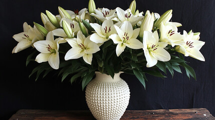 A vase full of fresh white lilies sits 