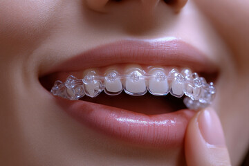 Close-up of a smiling woman showcasing her clear aligners, focusing on modern cosmetic dentistry. 